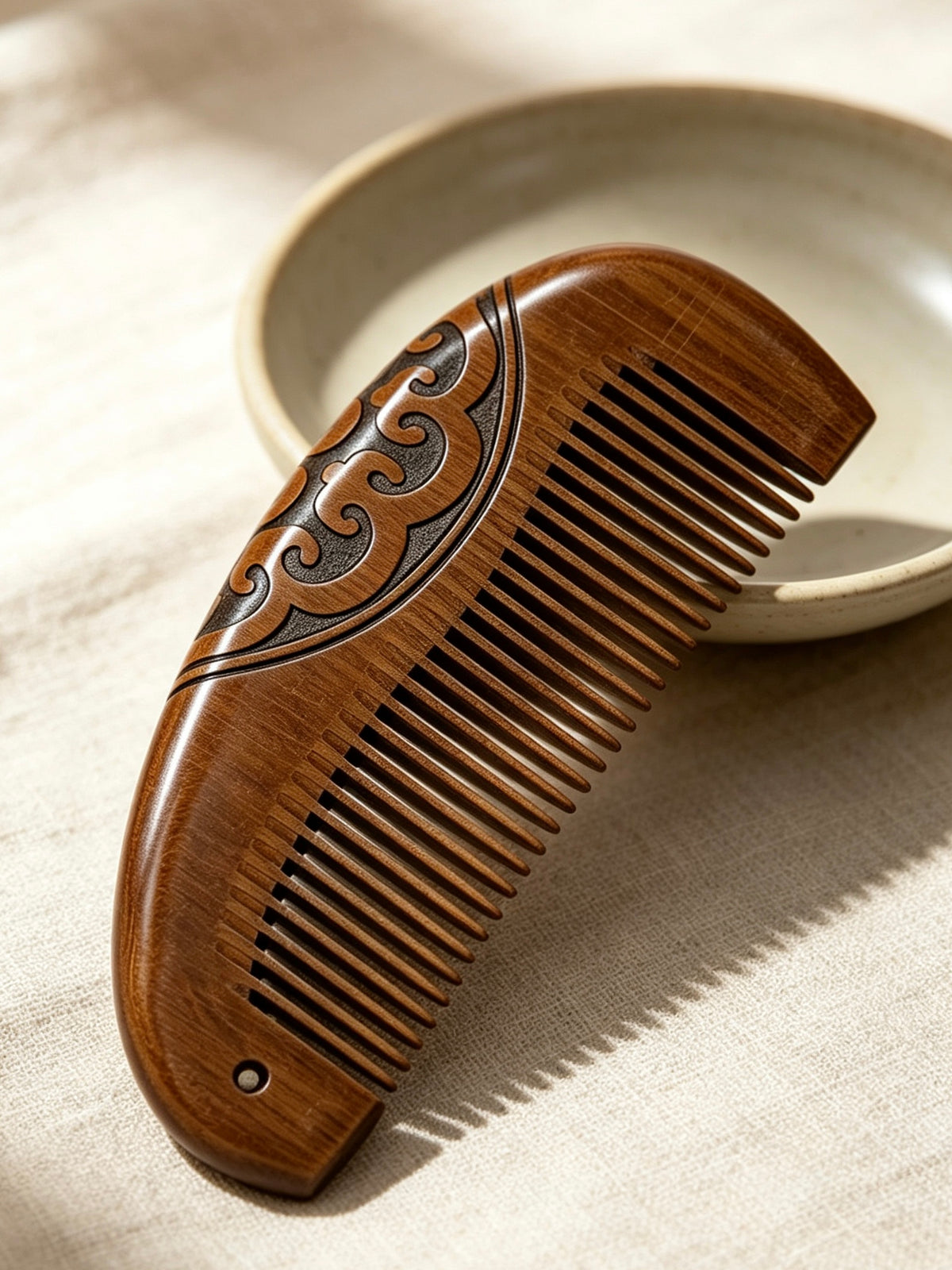 Carved Comb on fabric with ceramic dish