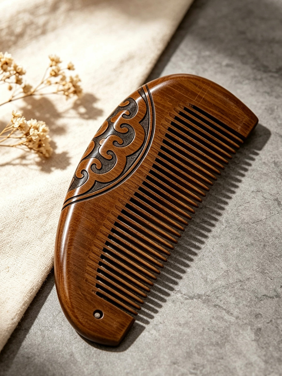 Carved Comb angled view with dried flowers