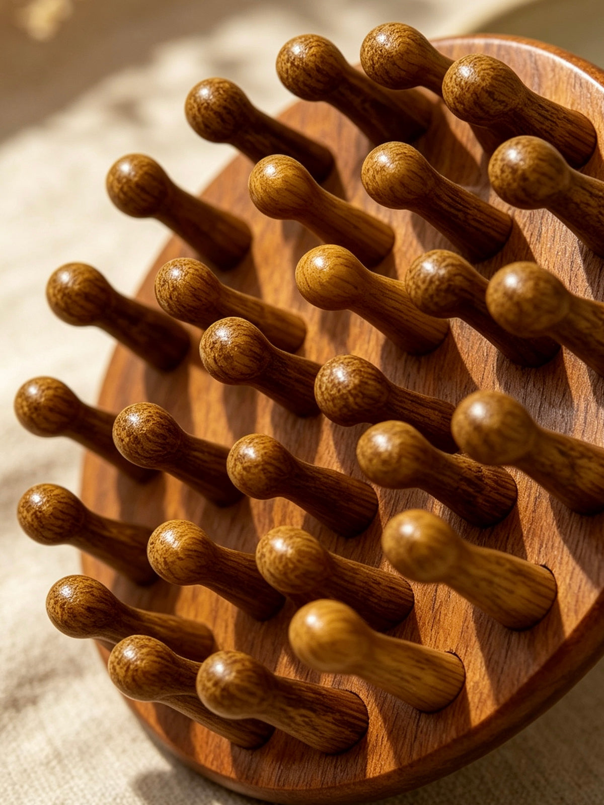 Close-up of Round Head Massage Comb wooden pegs