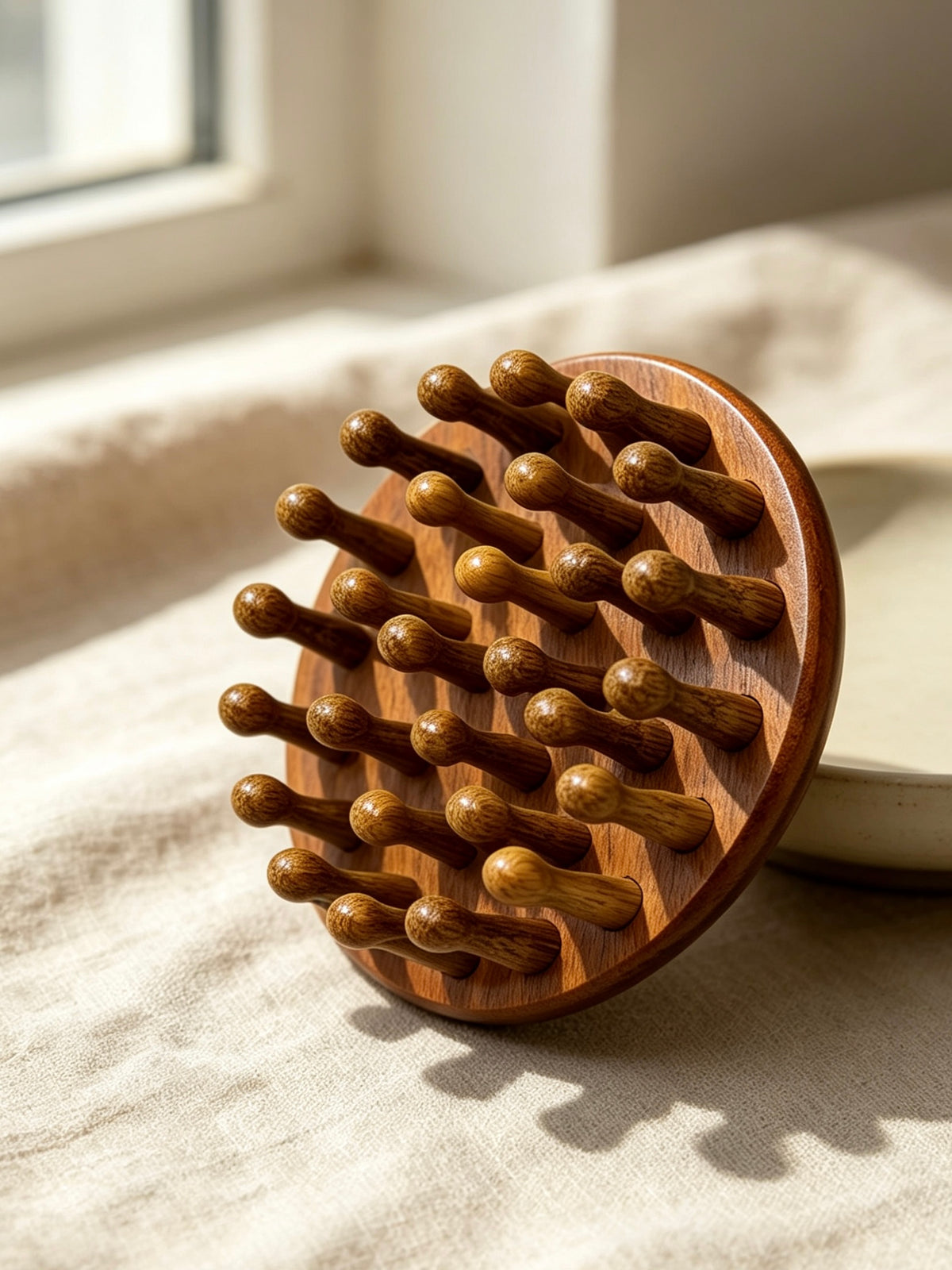 Round Head Massage Comb side view on fabric
