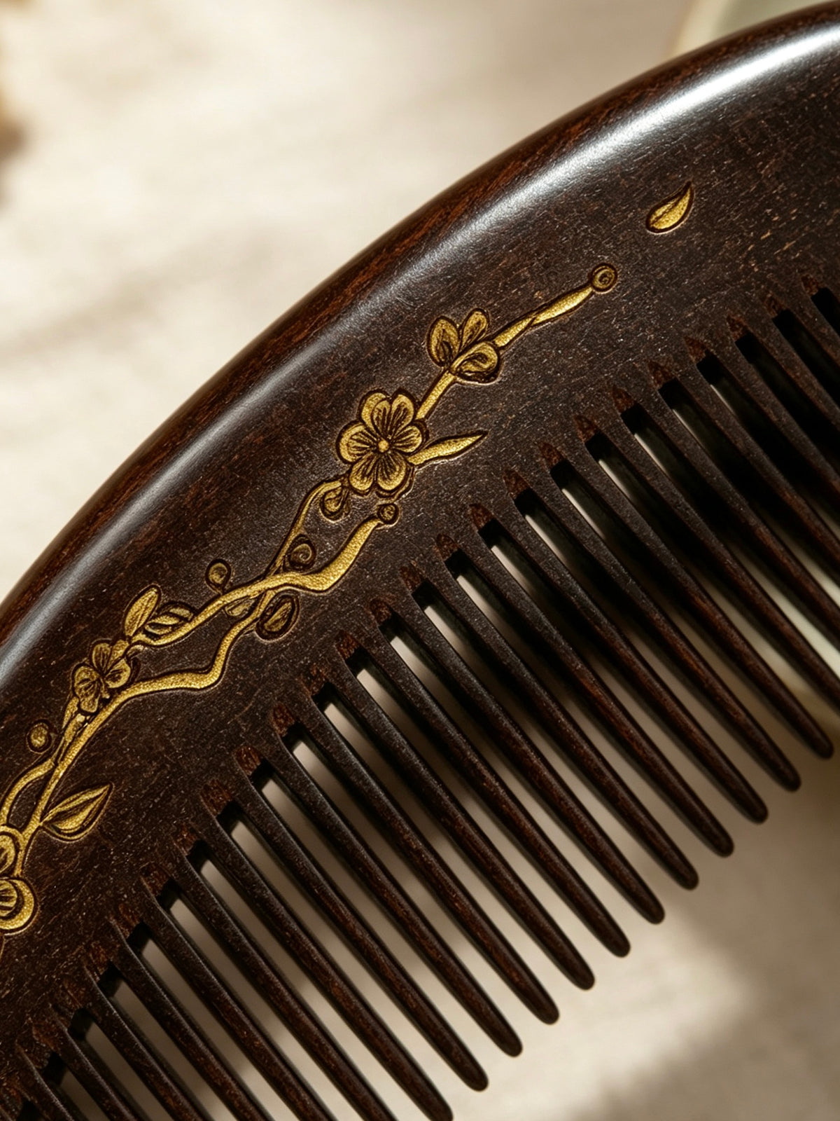Close-up of Plum Blossom Crescent Comb gold pattern and teeth