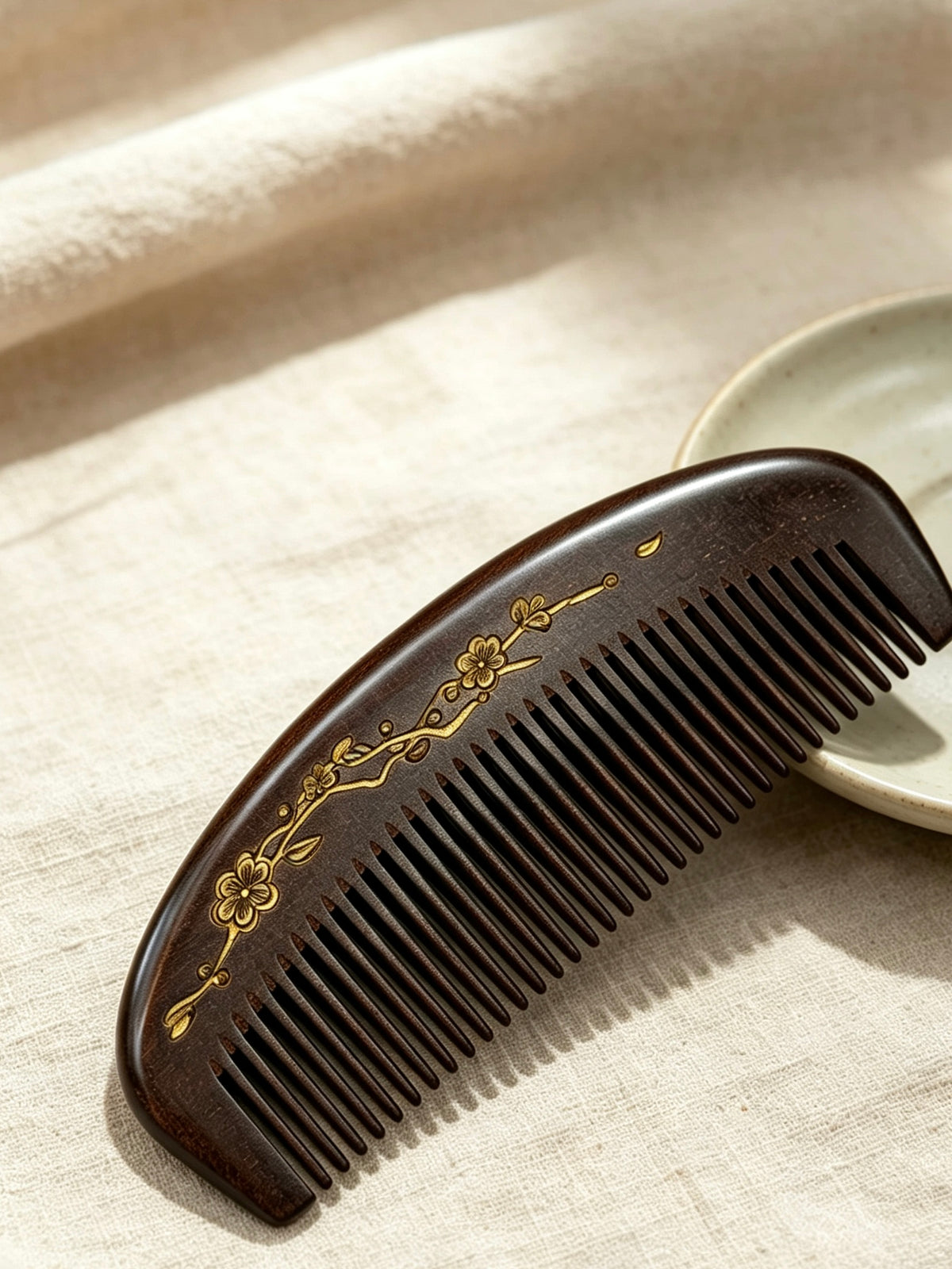 Plum Blossom Crescent Comb on fabric with ceramic dish