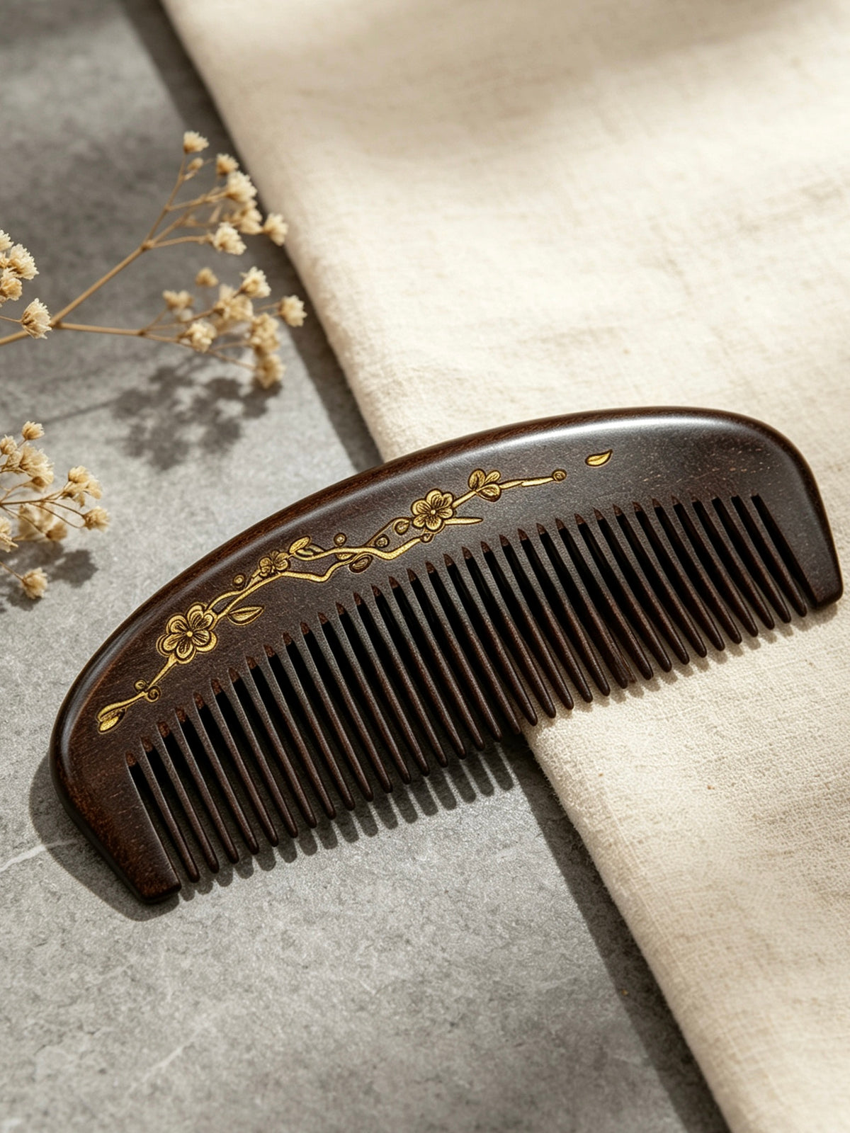 Plum Blossom Crescent Comb with dried flowers