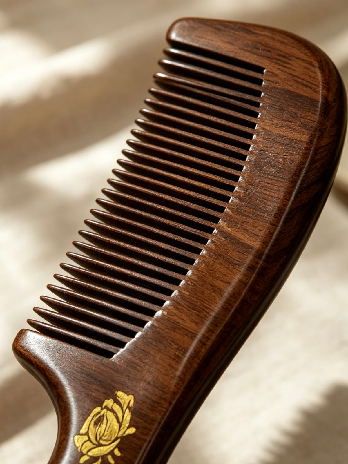 Close-up of Rose Carved Comb teeth and handle