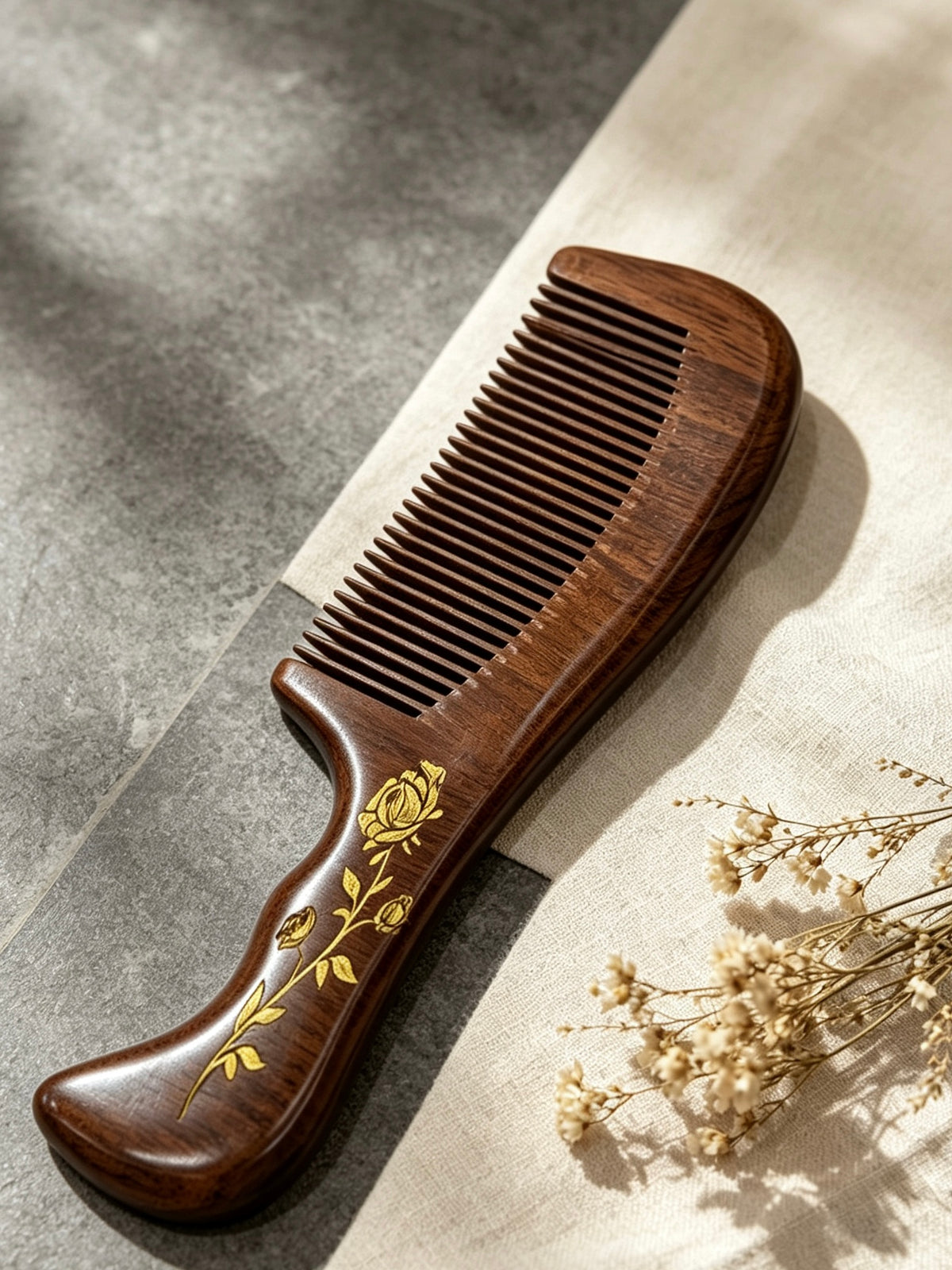 Rose Carved Comb angled view with dried flowers