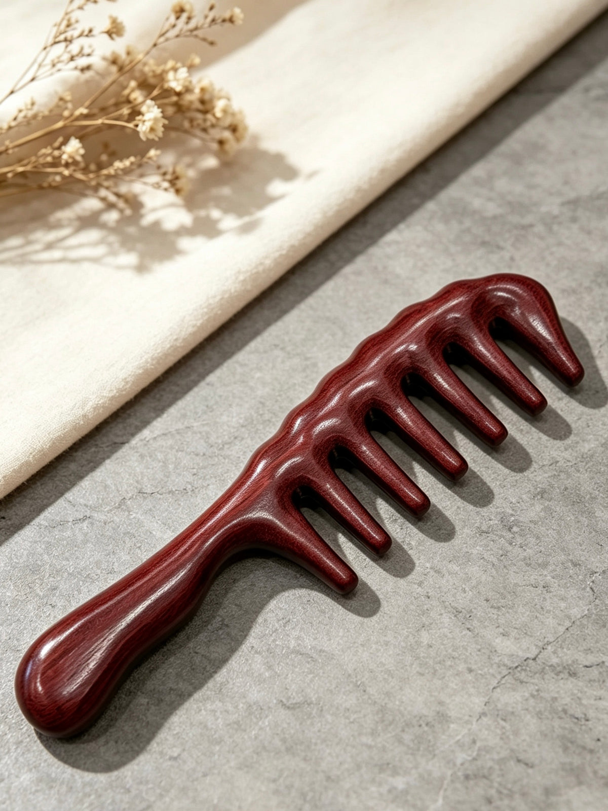 Wide Tooth Comb on fabric with dried flowers