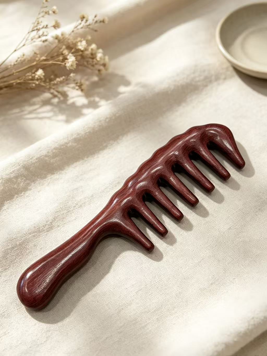 Wide Tooth Comb with dried flowers and ceramic dish